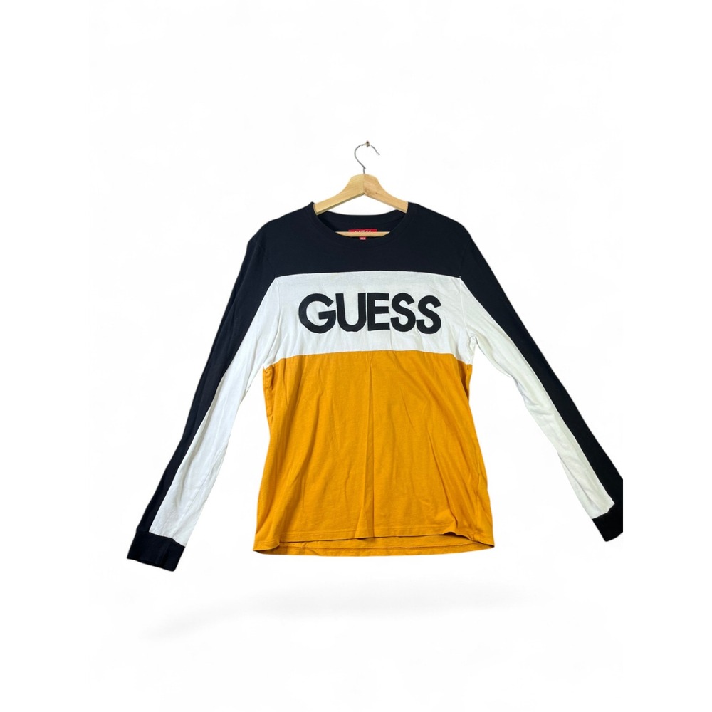 Guess Los Angeles Mens Long Sleeve Color Block Logo T-Shirt Black Yellow White S